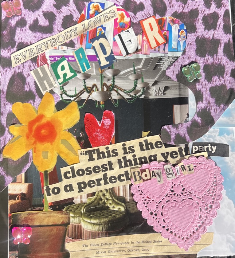 Birthday collage for Harper with pink leopard print, a yellow flower, butterflies, and pink paper hearts