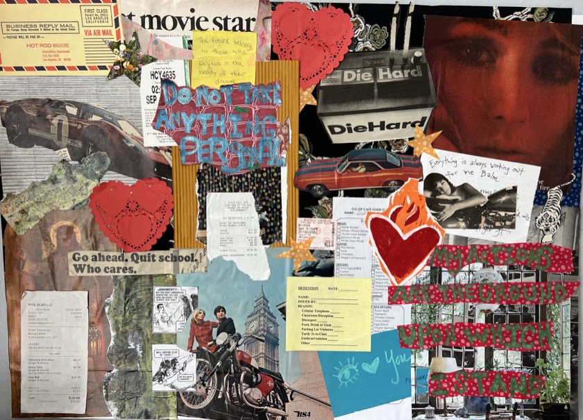 Paper collage with red hearts, vintage cars, receipts, magazine clippings, and handwritten notes